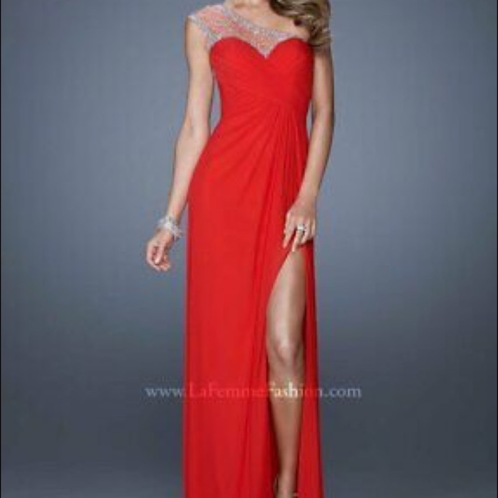 La Femme Crystal Embellished Red One Shoulder Gown